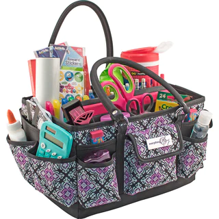 Everything Mary Deluxe Store & Tote Organizer 13.5"X10"X8"-Black & Purple Damask W/Black Trim