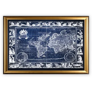 Vintage Wold Map VIIII Blue - Gold Frame