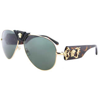 Versace VE 2150Q 100271 Gold And Black Metal Aviator Sunglasses Green Lens