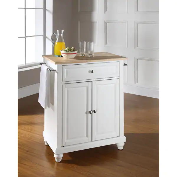 Cambridge Natural Wood Top Portable Kitchen Island in White Finish - N/A