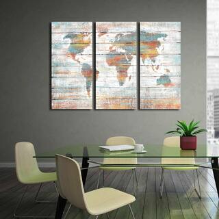 'Colorful World Map' Prints with Hand-painted Texture Gallery-wrapped Canvas Art (Set of 3)
