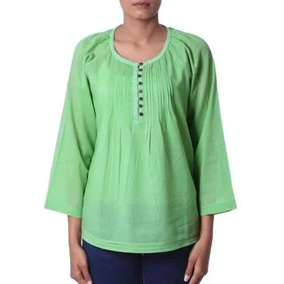 Handcrafted Cotton Voile 'Mandala Green' Tunic (India)