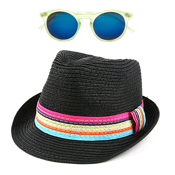 Pop Fashionwear Women's Summer Cool Straw Hipster Fedora Hat with Colorful Band and Free Sunglasses