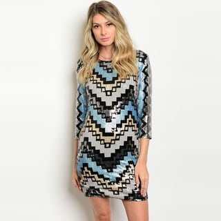 Shop The Trends Women's 3/4 Sleeve Mini Dress With Round Neckline And Allover Sequined Design