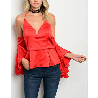 JED Women's Off-Shoulder Bell Sleeve Flared Top with Adjustable Straps