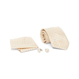 Men's Tie with Matching Handkerchief and Hand Cufflinks-Black and Brown Dotted on Golden