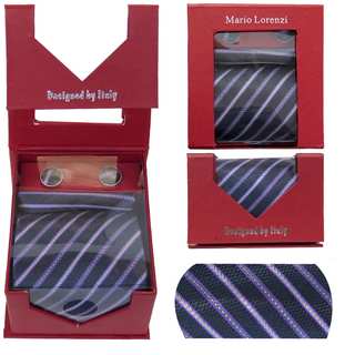 Men's Tie with Matching Handkerchief and Hand Cufflinks-Violet Black Stripped