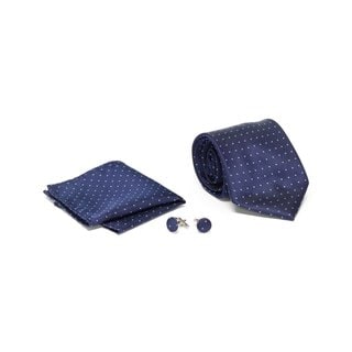 Men's Tie with Matching Handkerchief and Hand Cufflinks-Sky Blue Dotted On Navy Blue