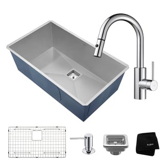 KRAUS 31 Inch Pax Undermount Single Bowl Stainless Steel Kitchen Sink with Oletto Pull Down Faucet and Soap Dispenser