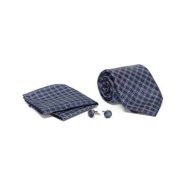 Men's Tie with Matching Handkerchief and Hand Cufflinks-Navy Blue Diamond Design