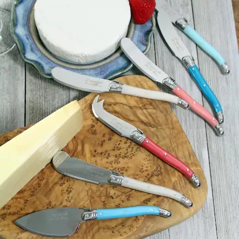 French Home 7 Piece Laguiole Cream, Coral and Turquoise Cheese Knife and Spreader Set