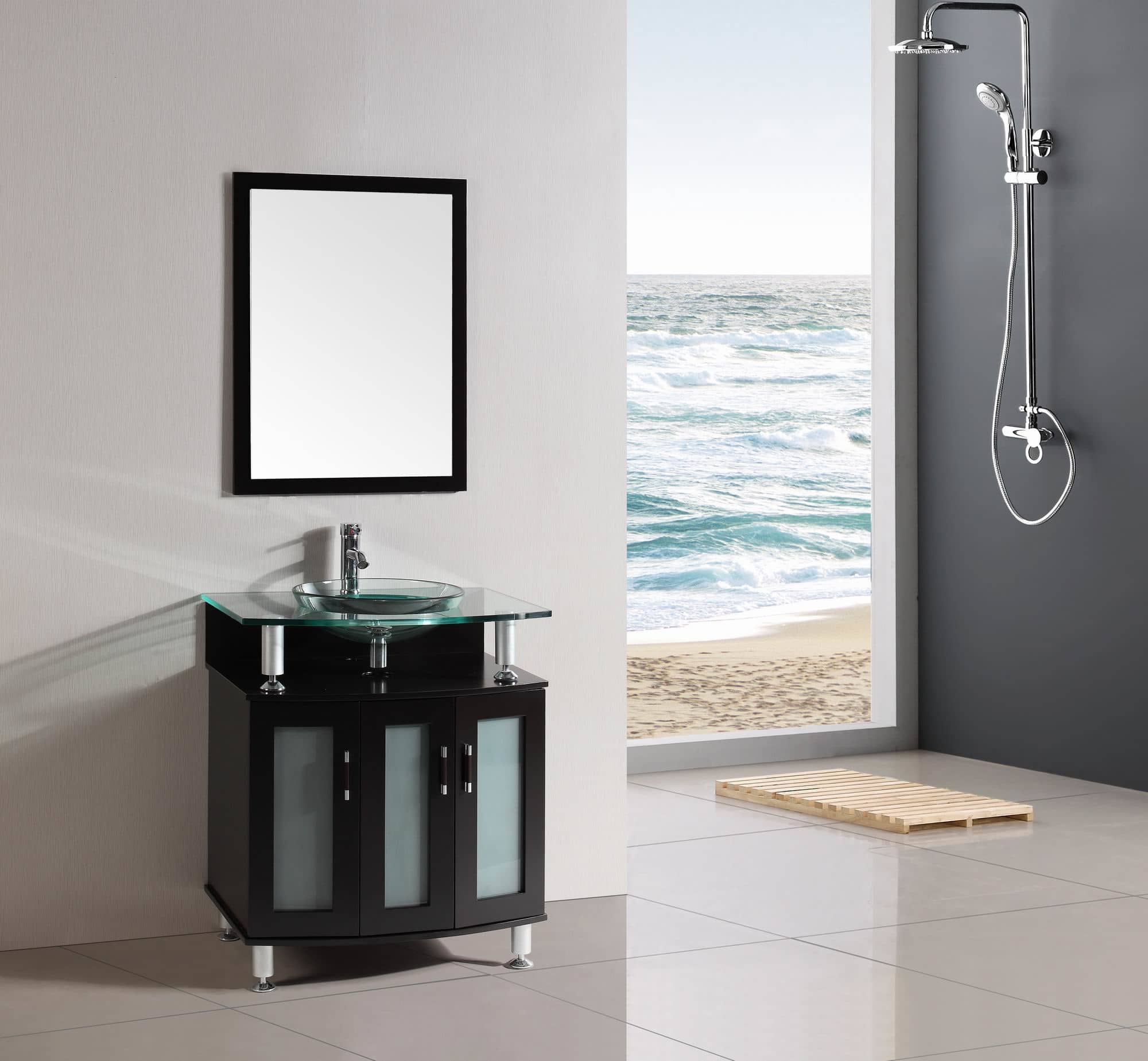 30 inch Belvedere Modern Espresso Bathroom Vanity w/ tempered glass top & basin