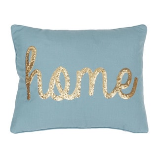 Thro 'Home' Sequin Script Blue Faux Linen Throw Pillow