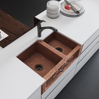 R4-3001-ST-C Offset Double Bowl Copper Apron Kitchen Sink with Two Strainers