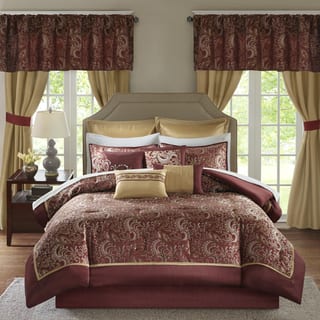 Madison Park Essentials Cadence Red Jacquard Paisley 24 Pieces Room in a Bag - Sheet Set & Window Curtain Included