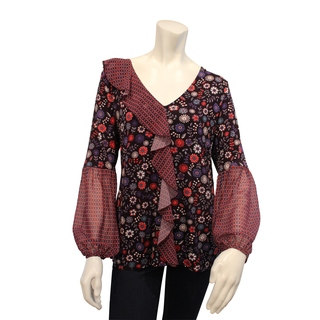 August Silk Printed Cascade Ruffle front Long Sleeve V-Neck blouse