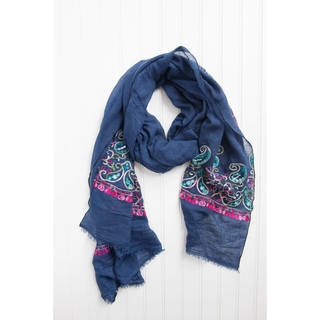 Tickled Pink Floral Embroidered Lightweight Scarf 28 X 70" - Navy