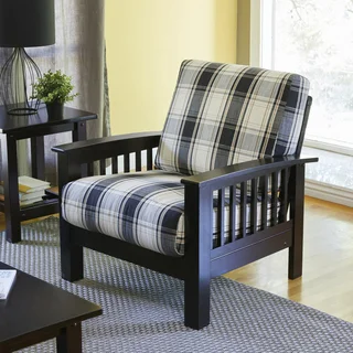 Handy Living Omaha Brown/Black Plaid Mission Style Arm Chair with Exposed Wood Frame