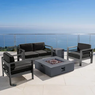Cape Coral Outdoor Aluminum 5-piece Chat Set with Cushions & Fire Table by Christopher Knight Home