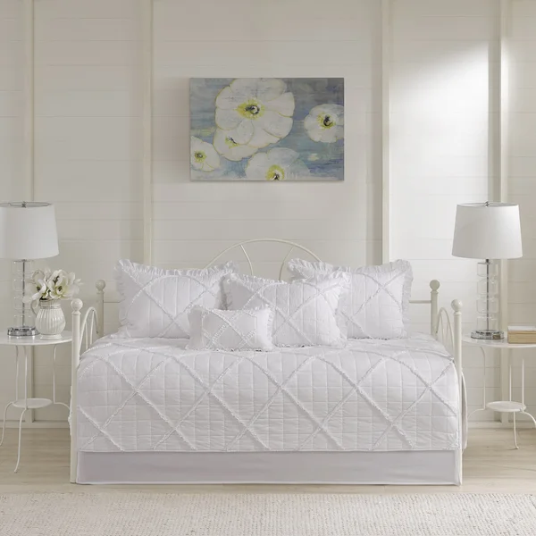 Madison Park Wendy White 6 Pieces Quilted Daybed Cover Set with Ruffle/ Pleating Details