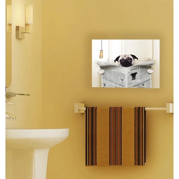 Stupell Industries Pug Reading Newspaper in Bathroom Wall Plaque Art