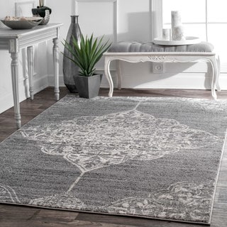 nuLOOM Traditional Vintage Faded Floral Heart Medallion Dark Grey Rug (8'2 x 11'6)