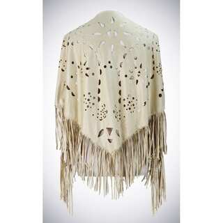 Soft faux suede shawl with intricate laser cut floral details and fringe