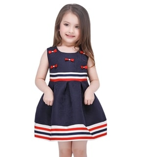 Toddler Preschooler Girl's Flower Bow Navy Blue and Red Stripe Dress