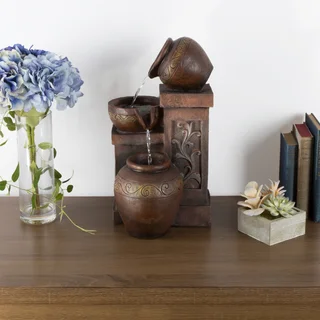 Tabletop Water Fountain With Rustic Jugs and LED Lights - Tiered Vase Table Fountain by Pure Garden