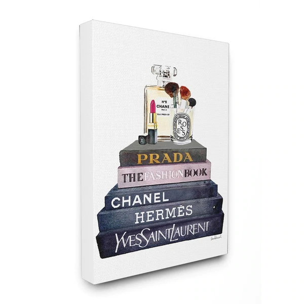 Glam Fashion Books With Makeup Stretched Canvas Wall Art