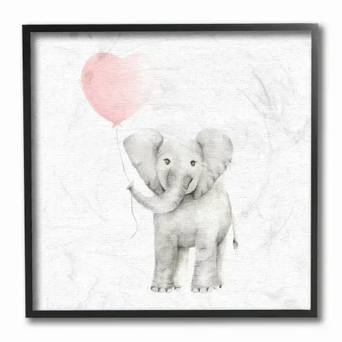 Baby Elephant Heart Balloon Linen Look Framed Giclee Texture Art