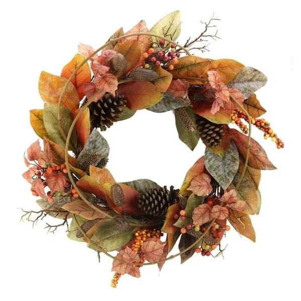 24" Artificial Magnolia Leaf Vine, Pinecones, and Berries Fall Wreath