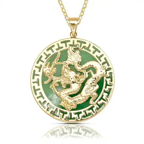 14k Yellow Gold 16-inch Green Jade Large Dragon Circle Pendant Necklace (26mm x 32mm)