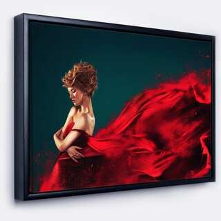 Designart 'Woman in Flying Red Dress' Abstract Portrait Framed Canvas Print