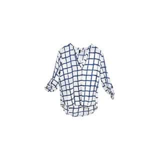 White and Blue Checkered V-Neck Crepe Long Back Chiffon Blouse (2 options available)