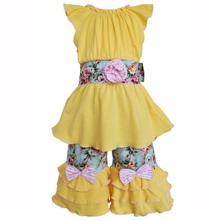 AnnLoren Girls Yellow Cotton Tunic & Spring Floral Capri Set Clothing