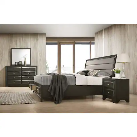 Roundhill Furniture Asger Antique Gray Finish Wood 4-PC Upholstered Queen Bedroom Set