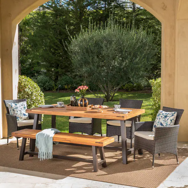 Linden Outdoor 6-piece Acacia Wood and Cushioned Wicker Dining Set