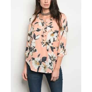 JED Women's Chiffon 3/4 Sleeve Lace Up Floral Blouse
