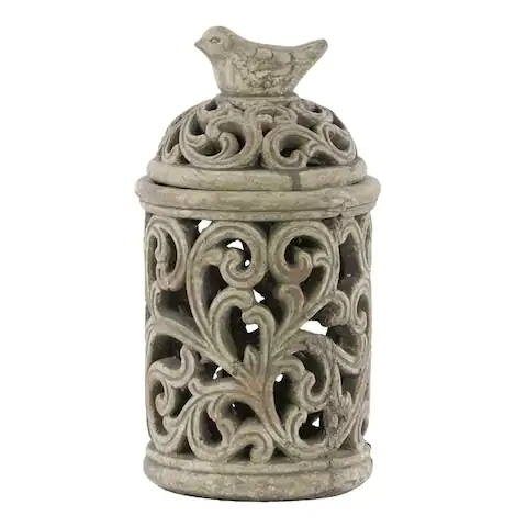 Urban Trends Cement Round Lantern with Sculpted Swirl Cutout Design in Concrete Finish, Small - Gray