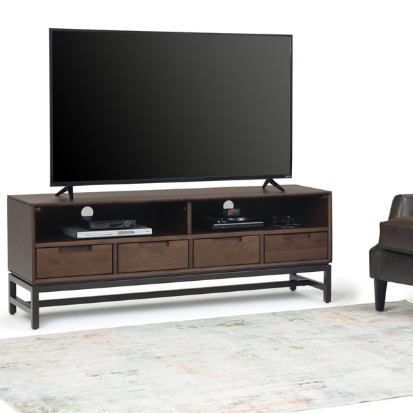 WYNDENHALL Devlin SOLID HARDWOOD 60 inch Wide Industrial TV Media Stand in Walnut Brown For TVs up to 65 inches