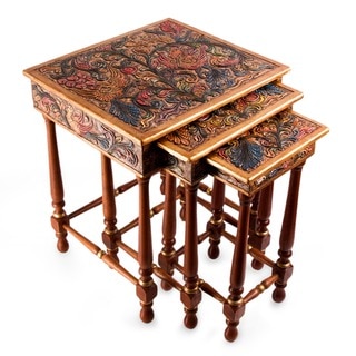 Traditional Hand Painted Multicolor Tooled Leather with Cedar Wood (Set of 3) Rectangular Stacking Nesting Accent Tables (Peru)