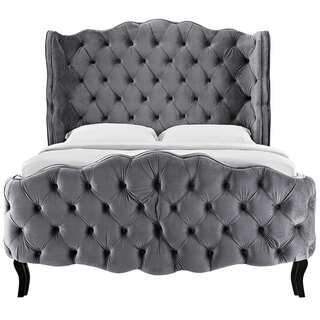 Link to Kerhonkson Queen Size Grey Velvet Wingback Button Tufted Platform Bed Similar Items in Bedroom Furniture