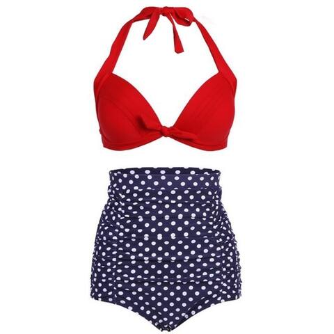 Vintage High Waist Swimsuit Swimwear Bikini Set, 7336_Blue Bottom, M