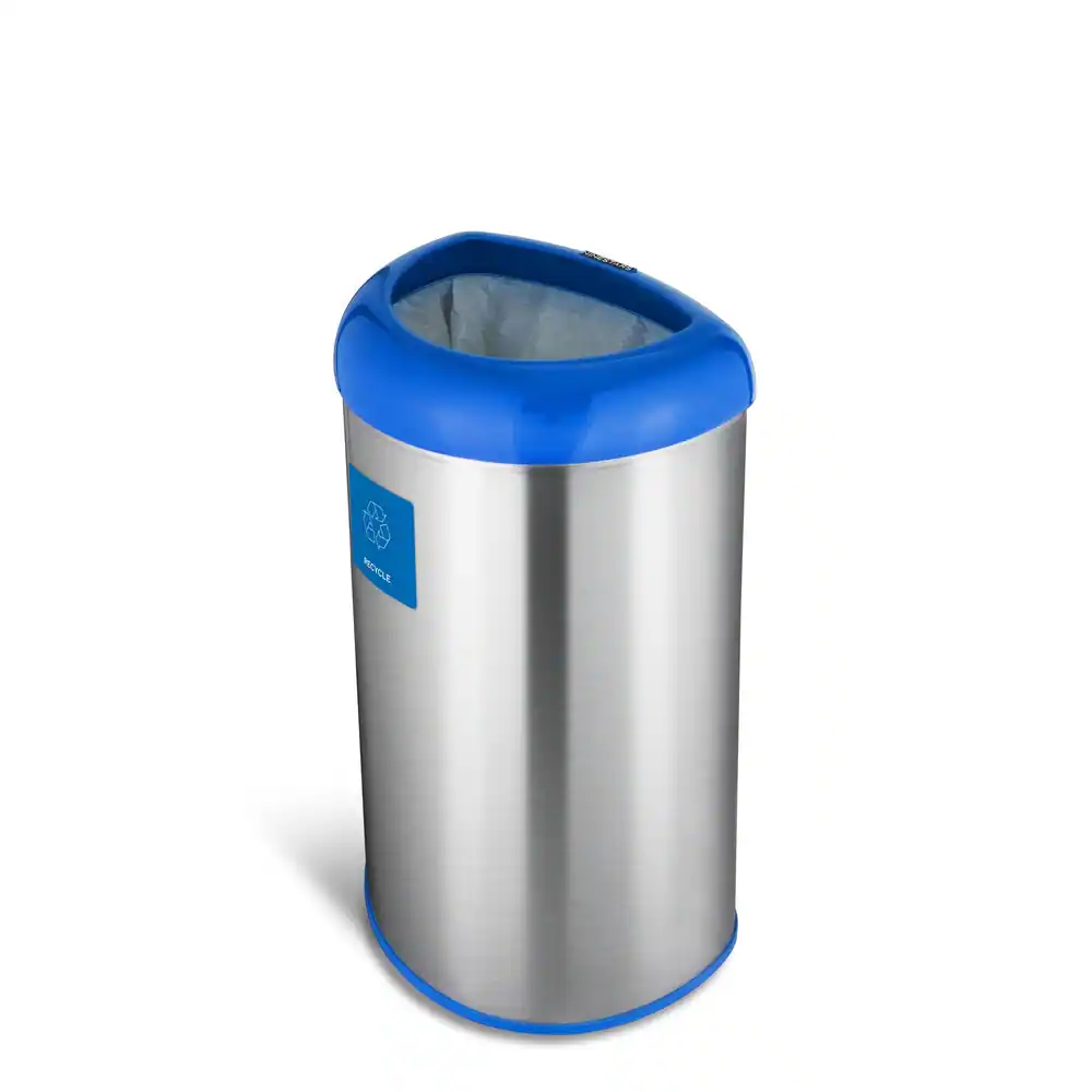 Nine Stars open top stainless steel trash can with blue trim and recycle magnet