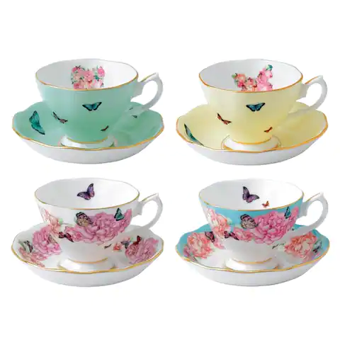 Mixed Patterns Teacup and Saucer, Set of 4