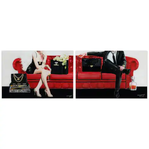 "Lady & Gentleman" Glass Wall Art Printed on Frameless Free Floating Tempered Glass Panel - Black/Red/White