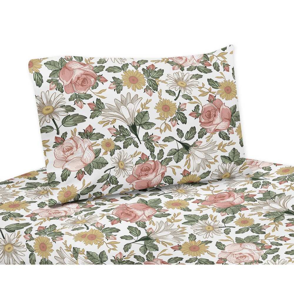 Sweet Jojo Designs Vintage Floral Boho Collection 4pc Queen Sheet Set Blush Pink Yellow Green White Shabby Chic Flower Farmhouse
