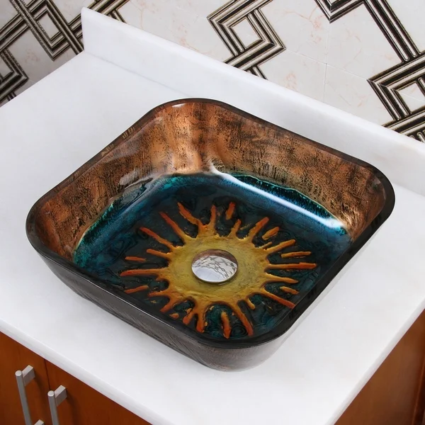 ELITE Square Volcanic Pattern Bathroom Tempered Glass Vessel Sink