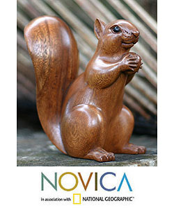 Wood 'Squirrel with an Acorn' Sculpture (Indonesia)